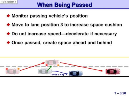 When Being Passed Monitor passing vehicle’s position Move to lane position 3 to increase space cushion Do not increase speed—decelerate if necessary Once.