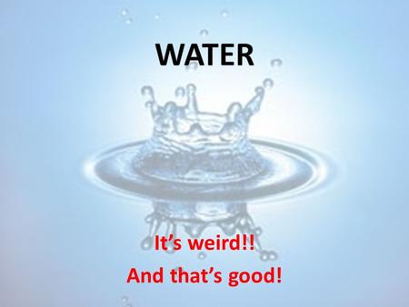 It’s weird!! And that’s good!. Water and Living Things Agriculture Industry Transportation Recreation Growth, Reproduction & other important processes.