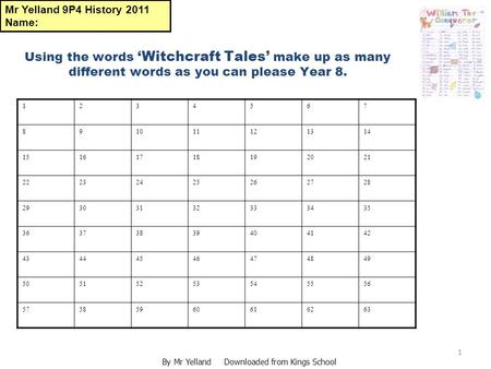 1 Using the words ‘Witchcraft Tales’ make up as many different words as you can please Year 8. 1234567 891011121314 15161718192021 22232425262728 29303132333435.