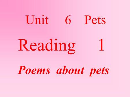 Reading 1 Poems about pets Unit 6 Pets. New words :  chase 追 catch 捉住 wide 张大的 hunt 寻找  hide 藏 build 建造 camp 营地 stick 棒  Bite 咬 fight 打架／大仗 end 最后.