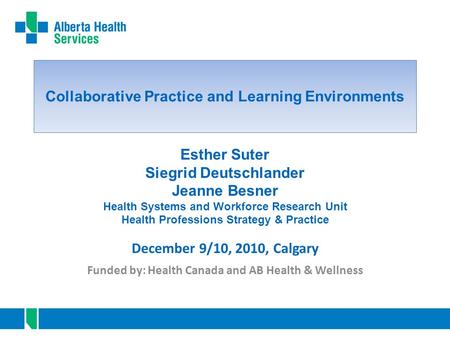 Collaborative Practice and Learning Environments Funded by: Health Canada and AB Health & Wellness December 9/10, 2010, Calgary Esther Suter Siegrid Deutschlander.