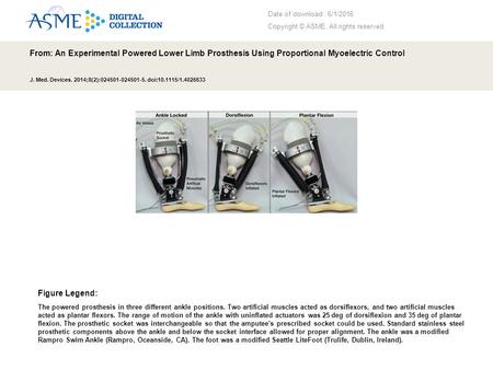 Date of download: 6/1/2016 Copyright © ASME. All rights reserved. From: An Experimental Powered Lower Limb Prosthesis Using Proportional Myoelectric Control.