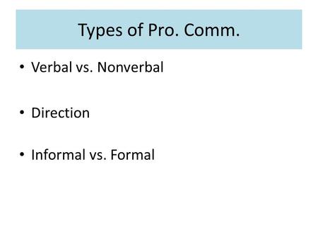 Types of Pro. Comm. Verbal vs. Nonverbal Direction Informal vs. Formal.