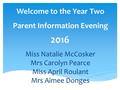 Welcome to the Year Two Parent Information Evening Miss Natalie McCosker Mrs Carolyn Pearce Miss April Roulant Mrs Aimee Donges 2016.