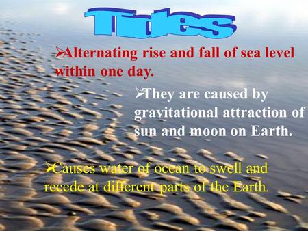  Alternating rise and fall of sea level within one day.  They are caused by gravitational attraction of sun and moon on Earth.  Causes water of ocean.