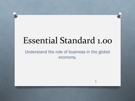 Essential Standard 1.00 Understand the role of business in the global economy. 1.