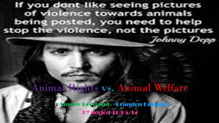 Animal Rights vs. Animal Welfare By: Ainsley Bootland & Brandon Dunmire 3 rd period 11/05/14.