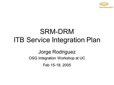 SRM-DRM ITB Service Integration Plan Jorge Rodriguez OSG Integration Workshop at UC Feb 15-18, 2005.