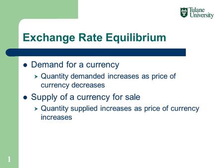 Exchange Rate Equilibrium Demand for a currency  Quantity demanded increases as price of currency decreases Supply of a currency for sale  Quantity supplied.