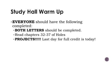  EVERYONE should have the following completed:  BOTH LETTERS should be completed.  Read chapters 32-37 of Holes  PROJECTS!!!!! Last day for full credit.