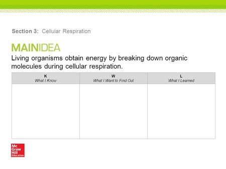 Living organisms obtain energy by breaking down organic molecules during cellular respiration. Section 3: Cellular Respiration K What I Know W What I Want.