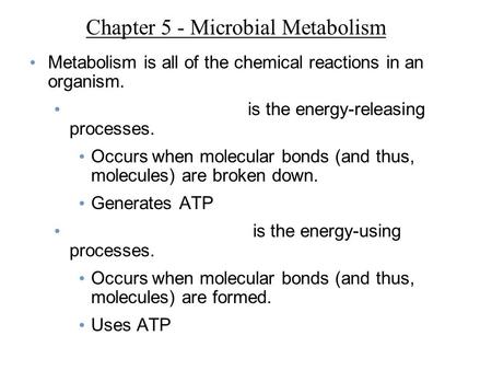 Chapter 5 - Microbial Metabolism Metabolism is all of the chemical reactions in an organism. is the energy-releasing processes. Occurs when molecular bonds.