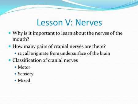 Lesson V: Nerves Why is it important to learn about the nerves of the mouth? How many pairs of cranial nerves are there? 12 ; all originate from undersurface.