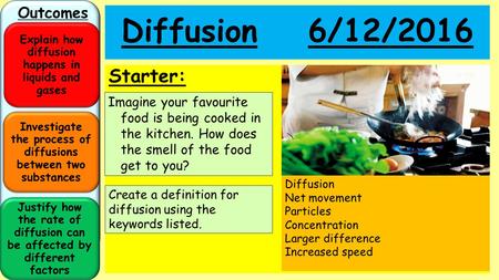 Investigate the process of diffusions between two substances Justify how the rate of diffusion can be affected by different factors Outcomes Explain how.