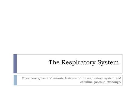 The Respiratory System To explore gross and minute features of the respiratory system and examine gaseous exchange.