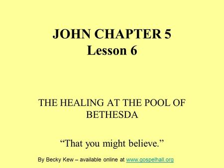 JOHN CHAPTER 5 Lesson 6 THE HEALING AT THE POOL OF BETHESDA “That you might believe.” By Becky Kew – available online at www.gospelhall.orgwww.gospelhall.org.