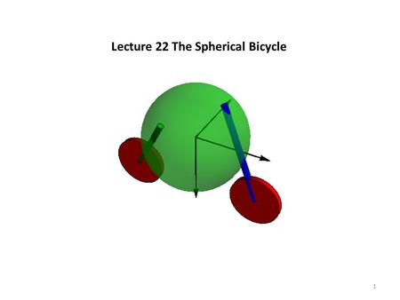 Lecture 22 The Spherical Bicycle 1. 2 Some relative dimensions with the wheel radius and mass as unity sphere radius 2, mass 50 fork length 4, radius.