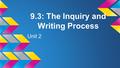 9.3: The Inquiry and Writing Process Unit 2. Do Now: Put the word “synthesize” in your Vocab journal. word in context: “You will need to synthesize multiple.