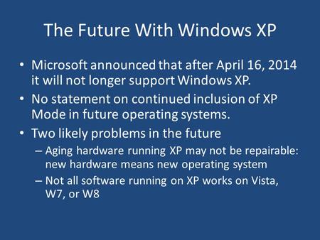 The Future With Windows XP Microsoft announced that after April 16, 2014 it will not longer support Windows XP. No statement on continued inclusion of.