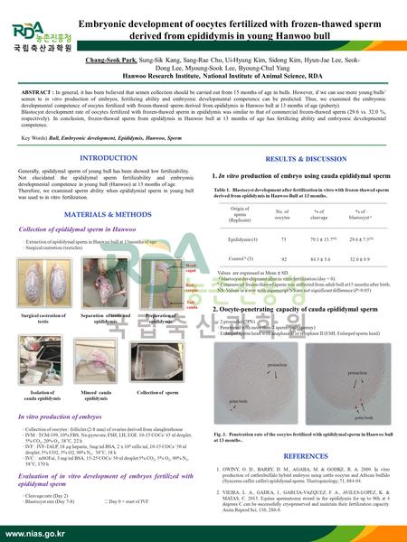 Www.nias.go.kr Embryonic development of oocytes fertilized with frozen-thawed sperm derived from epididymis in young Hanwoo bull ABSTRACT : In general,