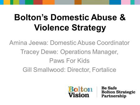 Bolton’s Domestic Abuse & Violence Strategy Amina Jeewa: Domestic Abuse Coordinator Tracey Dewe: Operations Manager, Paws For Kids Gill Smallwood: Director,