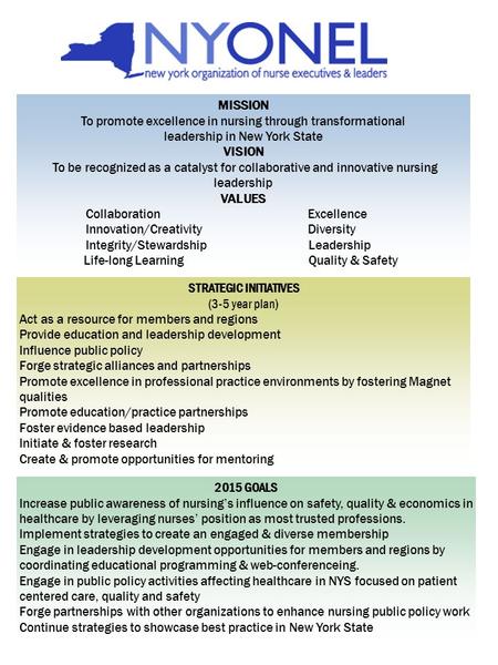 MISSION To promote excellence in nursing through transformational leadership in New York State VISION To be recognized as a catalyst for collaborative.