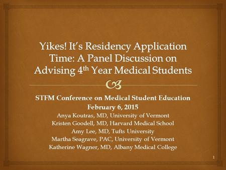 STFM Conference on Medical Student Education February 6, 2015 Anya Koutras, MD, University of Vermont Kristen Goodell, MD, Harvard Medical School Amy Lee,