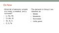 Do Now Which list of elements consists of a metal, a metalloid, and a nonmetal? Li, Na, Rb Cr, Mo, W Sn, Si, C O, S, Te The elements in Group 2 are classified.