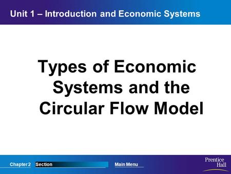 Chapter 2SectionMain Menu Unit 1 – Introduction and Economic Systems Types of Economic Systems and the Circular Flow Model.