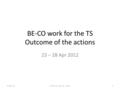 BE-CO work for the TS Outcome of the actions 23 – 28 Apr 2012 8 May 12P.Charrue - BE/CO - LBOC1.