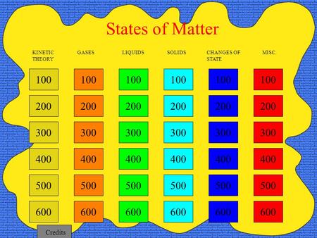 100 200 300 400 GASESLIQUIDSSOLIDSCHANGES OF STATE MISC. States of Matter KINETIC THEORY 500 600 100 200 300 400 500 600 100 200 300 400 500 600 100 200.