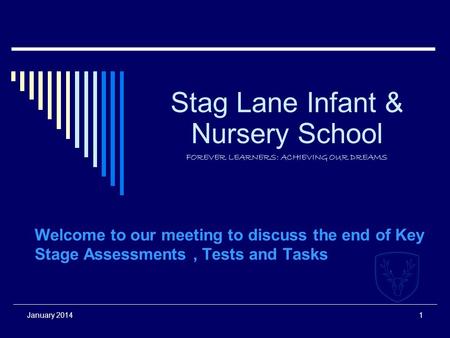 January 20141 Stag Lane Infant & Nursery School FOREVER LEARNERS: ACHIEVING OUR DREAMS Welcome to our meeting to discuss the end of Key Stage Assessments,