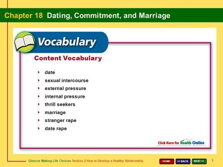 Glencoe Making Life Choices Section 2 How to Develop a Healthy Relationship Chapter 18 Dating, Commitment, and Marriage 1 > HOME Content.