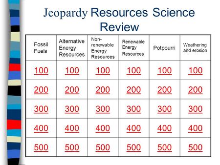 Jeopardy Resources Science Review Fossil Fuels Alternative Energy Resources Non- renewable Energy Resources Renewable Energy Resources Potpourri Weathering.