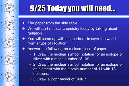 9/25 Today you will need…  The paper from the side table  We will start nuclear chemistry today by talking about radiation  You will come up with a.