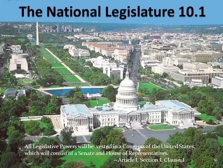 All Legislative Powers will be vested in a Congress of the United States, which will consist of a Senate and House of Representatives. --Article I, Section.