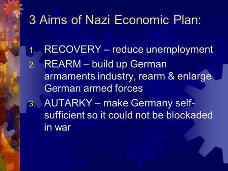 3 Aims of Nazi Economic Plan: 1. RECOVERY – reduce unemployment 2. REARM – build up German armaments industry, rearm & enlarge German armed forces 3. AUTARKY.