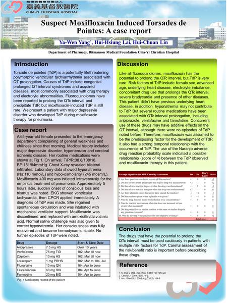 Department of Pharmacy, Ditmanson Medical Foundation Chia-Yi Christian Hospital Suspect Moxifloxacin Induced Torsades de Pointes: A case report Ya-Wen.