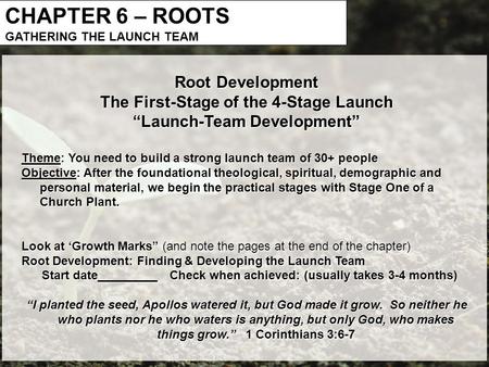 CHAPTER 6 – ROOTS GATHERING THE LAUNCH TEAM Root Development The First-Stage of the 4-Stage Launch “Launch-Team Development” Theme: You need to build a.