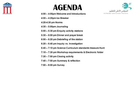 4:00 – 4:05pm Welcome and Introductions 4:05 – 4:20pm Ice Breaker 4:20-4:30 pm Norms 4:30 – 5:00pm Journaling 5:00 – 5:30 pm Enquiry activity stations.