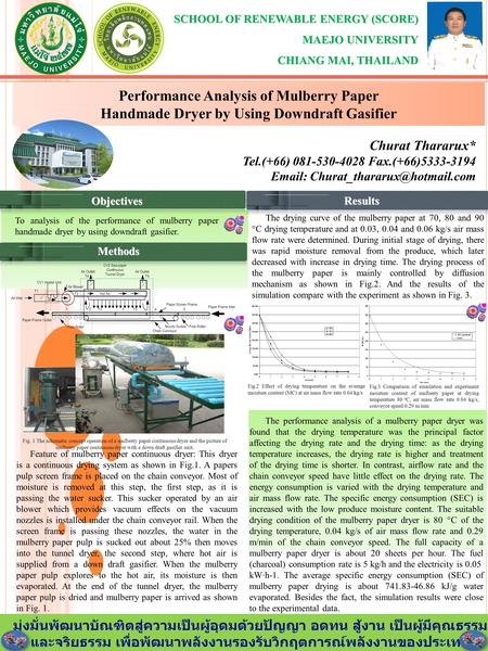 SCHOOL OF RENEWABLE ENERGY (SCORE) MAEJO UNIVERSITY CHIANG MAI, THAILAND Methods Objectives Performance Analysis of Mulberry Paper Handmade Dryer by Using.