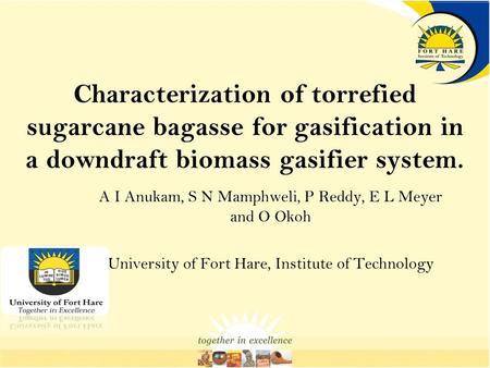 Characterization of torrefied sugarcane bagasse for gasification in a downdraft biomass gasifier system. A I Anukam, S N Mamphweli, P Reddy, E L Meyer.