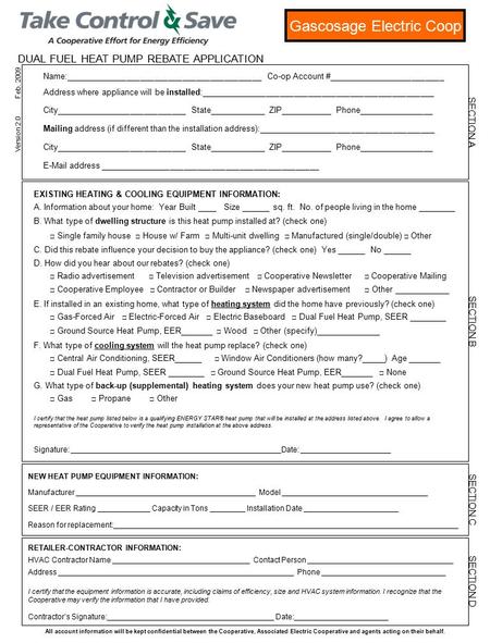 DUAL FUEL HEAT PUMP REBATE APPLICATION Name:__________________________________________ Co-op Account #_________________________ Address where appliance.