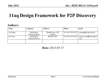 Doc.: IEEE 802.11-13/0xxxr0 Submission 11aq Design Framework for P2P Discovery Date: 2013-07-17 July 2013 Joe Kwak, InterDigitalSlide 1 Authors: