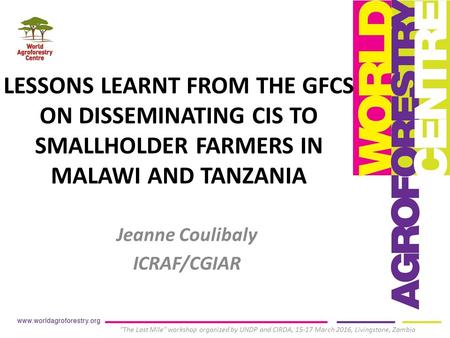 LESSONS LEARNT FROM THE GFCS ON DISSEMINATING CIS TO SMALLHOLDER FARMERS IN MALAWI AND TANZANIA Jeanne Coulibaly ICRAF/CGIAR The Last Mile workshop organized.