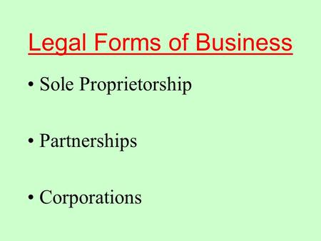 Legal Forms of Business Sole Proprietorship Partnerships Corporations.