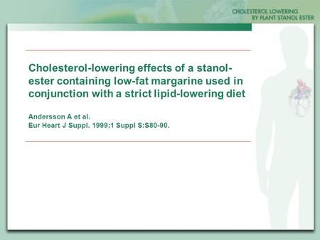 Cholesterol-lowering effects of a stanol- ester containing low-fat margarine used in conjunction with a strict lipid-lowering diet Andersson A et al. Eur.