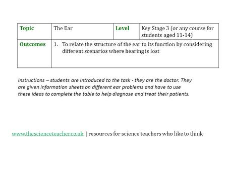 TopicThe EarLevelKey Stage 3 (or any course for students aged 11-14) Outcomes1.To relate the structure of the ear to its function by considering different.