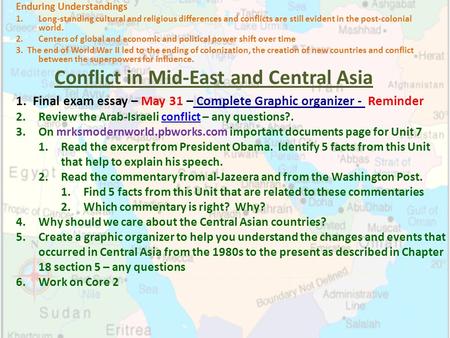 Conflict in Mid-East and Central Asia Enduring Understandings 1.Long-standing cultural and religious differences and conflicts are still evident in the.