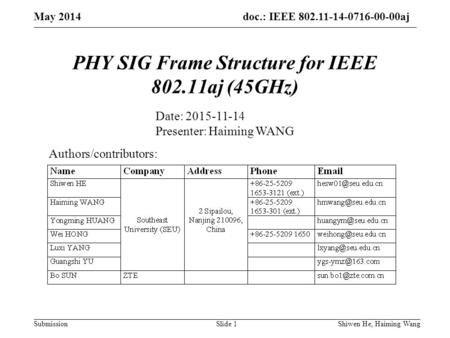 Doc.: IEEE 802.11-14-0716-00-00aj Submission PHY SIG Frame Structure for IEEE 802.11aj (45GHz) Authors/contributors: Date: 2015-11-14 Presenter: Haiming.